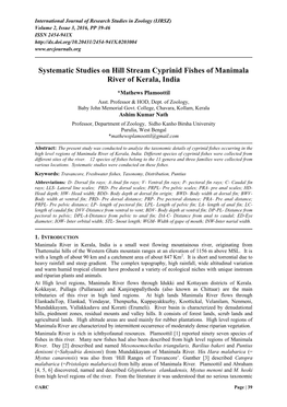 Systematic Studies on Hill Stream Cyprinid Fishes of Manimala River of Kerala, India