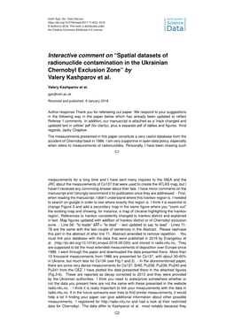 Interactive Comment on “Spatial Datasets of Radionuclide Contamination in the Ukrainian Chernobyl Exclusion Zone” by Valery Kashparov Et Al