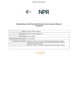 Biosynthesis and Chemical Diversity of Β-Lactone Natural Products 20Xx, Serina L