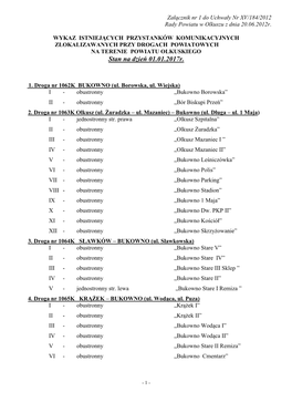 WYKAZ ISTNIEJĄCYCH PRZYSTANKÓW KOMUNIKACYJNYCH ZLOKALIZAWANYCH PRZY DROGACH POWIATOWYCH NA TERENIE POWIATU OLKUSKIEGO Stan Na Dzień 01.01.2017R