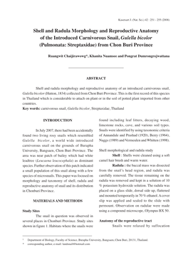 Shell and Radula Morphology and Reproductive Anatomy of the Introduced Carnivorous Snail, Gulella Bicolor (Pulmonata: Streptaxidae) from Chon Buri Province