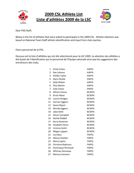 2009 CSL Athlete List Liste D'athlètes 2009 De La