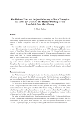 The Hebrew Print and the Jewish Society in North Transylvania in The