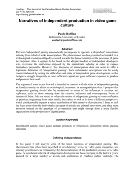 Narratives of Independent Production in Videogame Culture Edited