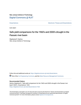 Safe Yield Comparisons for the 1960'S and 2000'S Drought in the Passaic