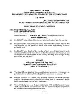 Government of India Ministry of Commerce & Industry Department for Promotion of Industry and Internal Trade Lok Sabha Unstar