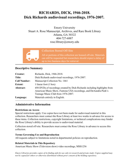 RICHARDS, DICK, 1946-2018. Dick Richards Audiovisual Recordings, 1976-2007