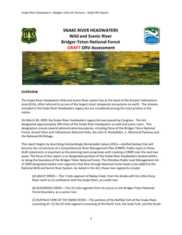 SNAKE RIVER HEADWATERS Wild and Scenic River Bridger-Teton National Forest DRAFT ORV Assessment