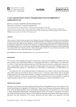 A New Leptobrachium (Anura: Megophryidae) from the Highlands of Southeastern Laos