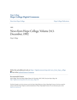 News from Hope College, Volume 24.3: December, 1992 Hope College