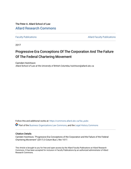 Progressive Era Conceptions of the Corporation and the Failure of the Federal Chartering Movement