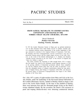 FROM SAMUEL Mcfarlane to STEPHEN DAVIES: CONTINUITY and CHANGE in the TORRES STRAIT ISLAND CHURCHES, 1871-1949