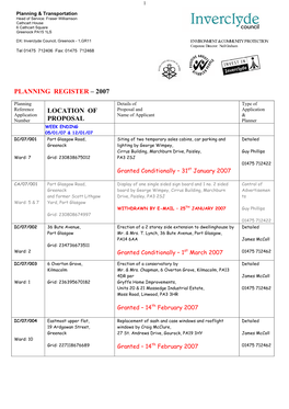 Planning Register – 2007 Location of Proposal
