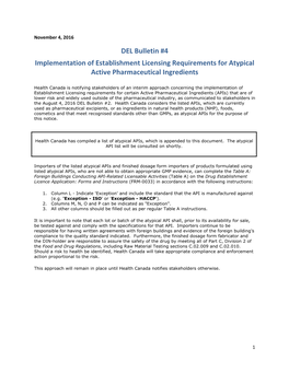 DEL Bulletin #4 Implementation of Establishment Licensing Requirements for Atypical Active Pharmaceutical Ingredients