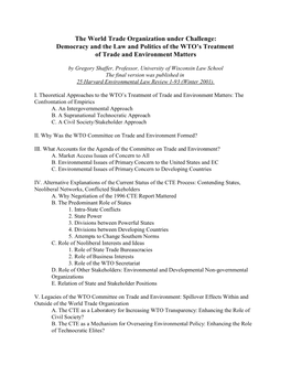 The World Trade Organization Under Challenge: Democracy and the Law and Politics of the WTO’S Treatment of Trade and Environment Matters