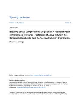 A Federalist Paper on Corporate Governance - Restoration of Active Virture in the Corpaorate Sturcture to Curb the Yeehaw Culture in Organizations