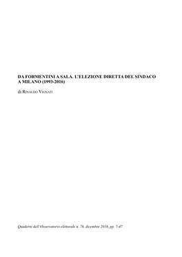 Da Formentini a Sala. L'elezione Diretta Del Sindaco a Milano