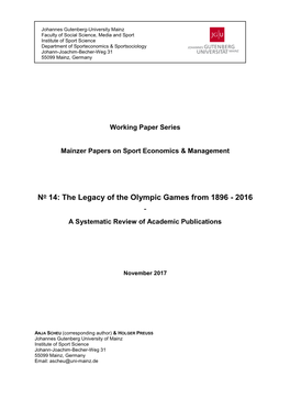 No 14: the Legacy of the Olympic Games from 1896 - 2016 - a Systematic Review of Academic Publications