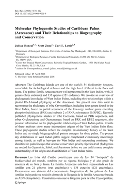 Molecular Phylogenetic Studies of Caribbean Palms (Arecaceae) and Their Relationships to Biogeography and Conservation