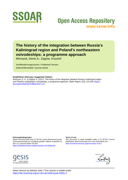 The History of the Integration Between Russia's Kaliningrad Region and Poland's Northeastern Voivodeships: a Programme Approach Mironyuk, Denis A.; Żęgota, Krzystof