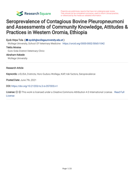 Seroprevalence of Contagious Bovine Pleuropneumoni and Assessments of Community Knowledge, Attitudes & Practices in Western Oromia, Ethiopia