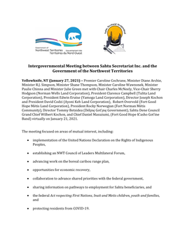 Intergovernmental Meeting Between Sahtu Secretariat Inc. and the Government of the Northwest Territories