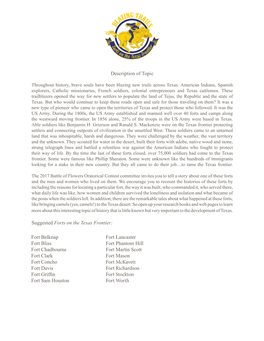 Description of Topic Suggested Forts on the Texas Frontier: Fort Lancaster Fort Phantom Hill Fort Martin Scott Fort Mason Fort M