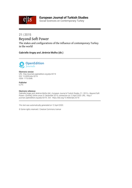 European Journal of Turkish Studies, 21 | 2015, « Beyond Soft Power » [Online], Online Since 31 December 2015, Connection on 12 April 2020