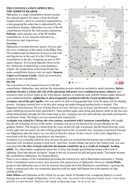 CONSTELLATION OPHIUCHUS, the SERPENT BEARER Ophiuchus Is a Large Constellation Located Around the Celestial Equator