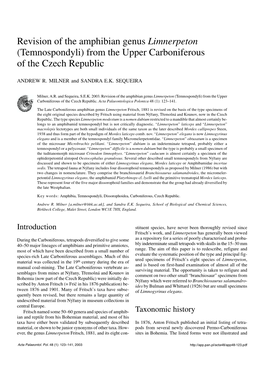 Revision of the Amphibian Genus Limnerpeton (Temnospondyli) from the Upper Carboniferous of the Czech Republic