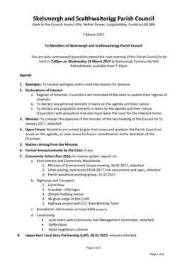 Skelsmergh and Scalthwaiterigg Parish Council Clerk to the Council: Karen Little, Nether Bower, Longsleddale, Cumbria LA8 9BB
