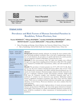 Prevalence and Risk Factors of Human Intestinal Parasites in Roudehen, Tehran Province, Iran