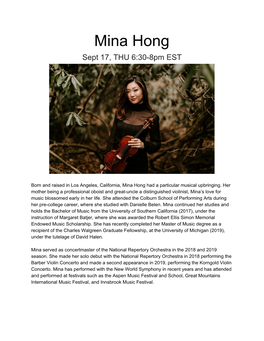 Mina Hong Sept 17, THU 6:30-8Pm EST