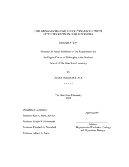 Exploring Mechanisms Underlying Recruitment of White Crappie in Ohio Reservoirs