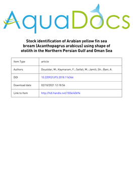 Acanthopagrus Arabicus) Using Shape of Otolith in the Northern Persian Gulf and Oman Sea