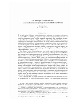 Masters Literature (Zishu) in Early Medieval China