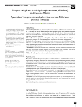 Sinopsis Del Género Axiniphyllum (Asteraceae, Millerieae) Endémico De México Synopsis of the Genus Axiniphyllum (Asteraceae, Millerieae) Endemic to Mexico