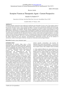 Scorpion Venom As Therapeutic Agent - Current Perspective