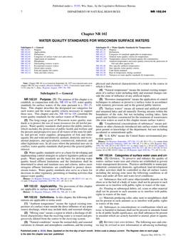 Chapter NR 102 WATER QUALITY STANDARDS for WISCONSIN SURFACE WATERS