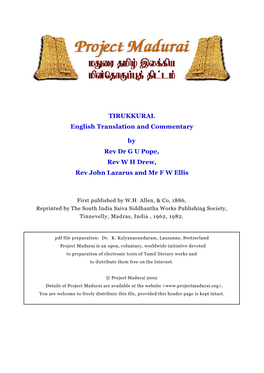 TIRUKKURAL English Translation and Commentary by Rev Dr G U Pope