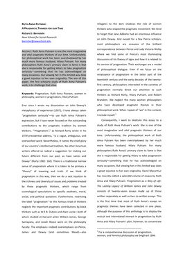 RUTH ANNA PUTNAM : Relegates to the Dark Shadows the Role of Women a PRAGMATIC THINKER for OUR TIME Thinkers Who Shaped the Pragmatic Movement