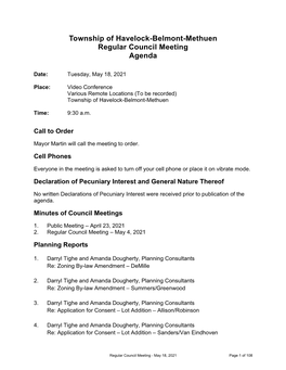 Township of Havelock-Belmont-Methuen Regular Council Meeting Agenda