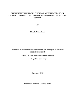 The Link Between Intercultural Differences and an Optimal Teaching and Learning Environment in a Maseru School