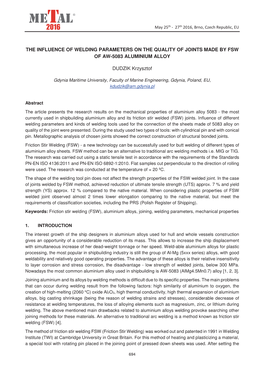 The Influence of Welding Parameters on the Quality of Joints Made by Fsw of Aw-5083 Aluminium Alloy