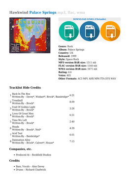 Hawkwind Palace Springs Mp3, Flac, Wma