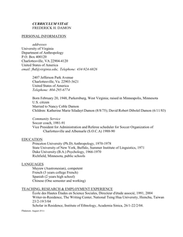 Curriculum Vitae Frederick H. Damon Personal