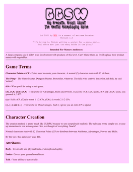 Game Terms Character Creation