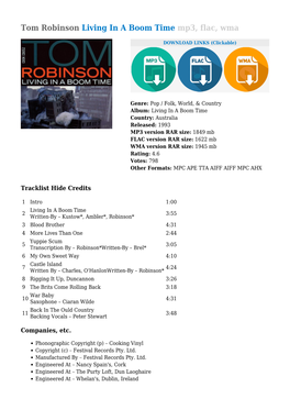 Tom Robinson Living in a Boom Time Mp3, Flac, Wma