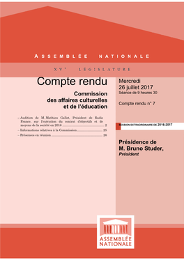 Compte Rendu Mercredi 26 Juillet 2017 Commission Séance De 9 Heures 30 Des Affaires Culturelles Compte Rendu N° 7 Et De L’Éducation