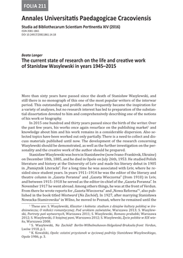 The Current State of Research on the Life and Creative Work of Stanisław Wasylewski in Years 1945–2015